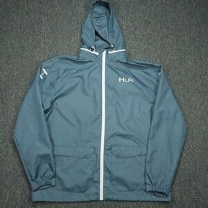 Huk Jacket Mens Extra Large Blue Full Zip Pockets Hooded Windbreaker Fishing